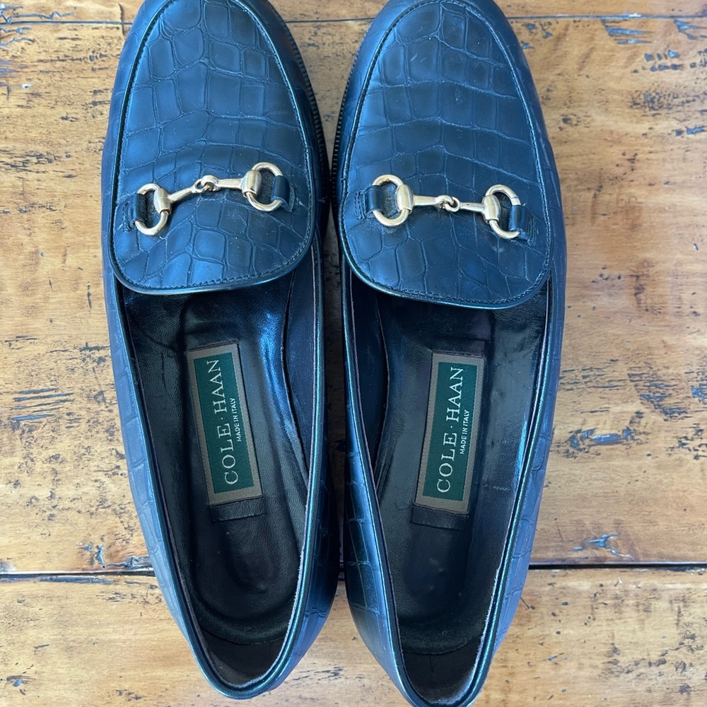 Cole Haan Black Croc-Embossed Loafers with Gold Detail